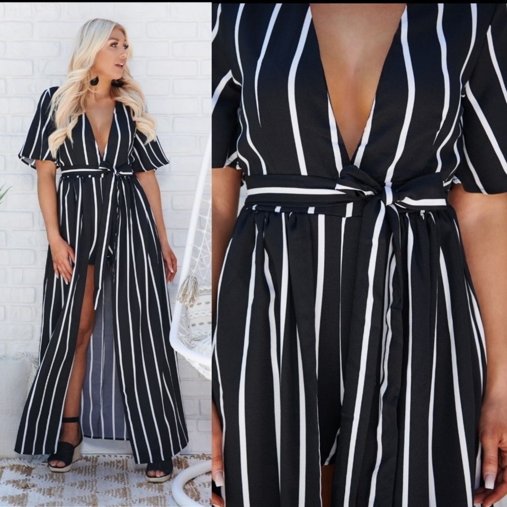 Black White Striped Maxi Dress Romper S Plunge Tie Waist Open Back - Picture 2 of 5